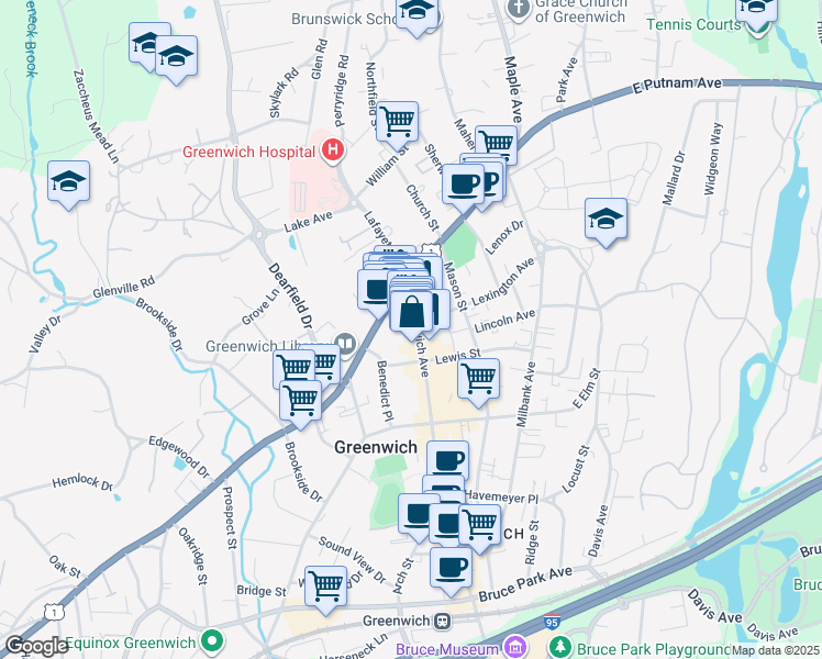 map of restaurants, bars, coffee shops, grocery stores, and more near 48 West Putnam Avenue in Greenwich