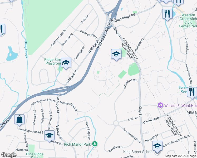 map of restaurants, bars, coffee shops, grocery stores, and more near 92 Brush Hollow Close in Rye Brook