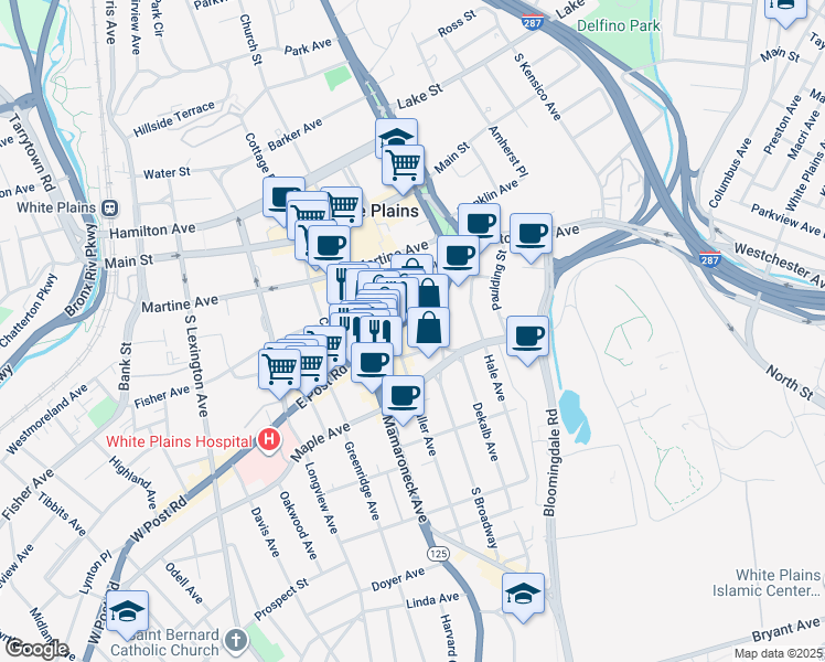 map of restaurants, bars, coffee shops, grocery stores, and more near 189 East Post Road in White Plains