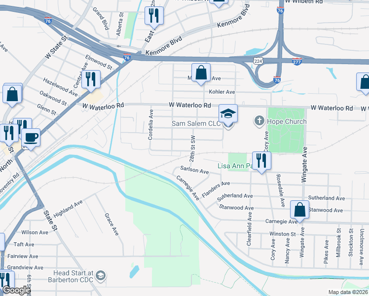 map of restaurants, bars, coffee shops, grocery stores, and more near 1268 Sevilla Avenue in Akron