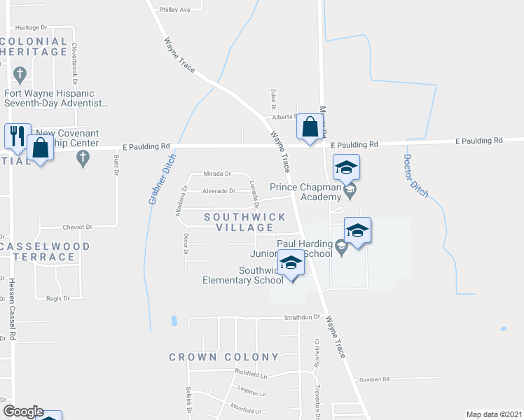 map of restaurants, bars, coffee shops, grocery stores, and more near 4520 Casa Verde Drive in Fort Wayne