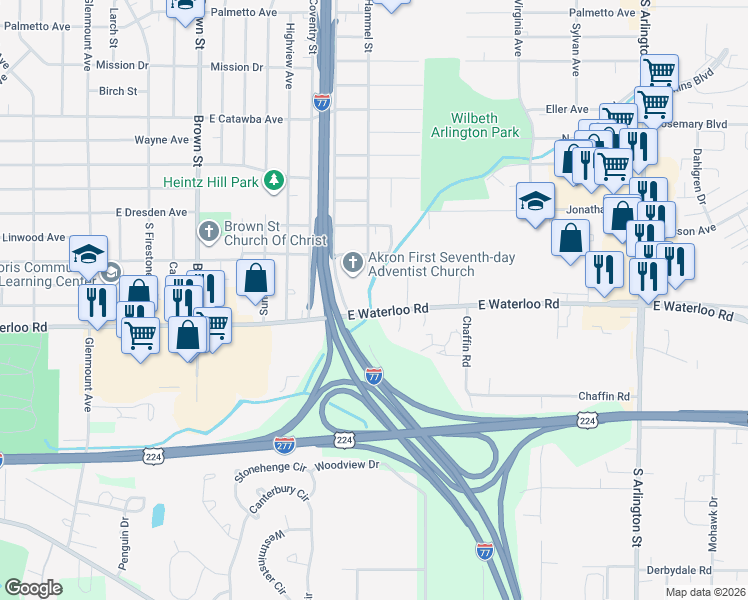 map of restaurants, bars, coffee shops, grocery stores, and more near 1835 Brewster Creek Road in Akron