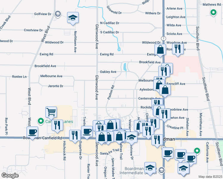 map of restaurants, bars, coffee shops, grocery stores, and more near 201 Aylesboro Avenue in Boardman