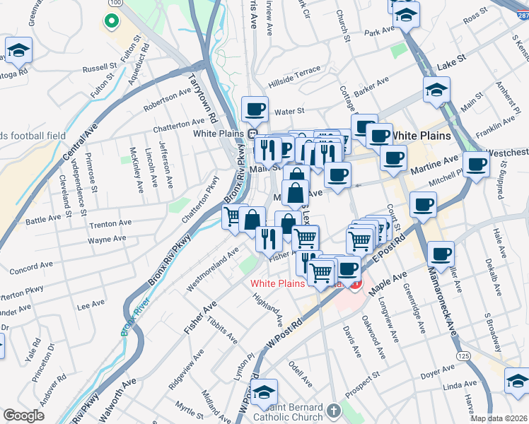 map of restaurants, bars, coffee shops, grocery stores, and more near 25 Bank Street in White Plains