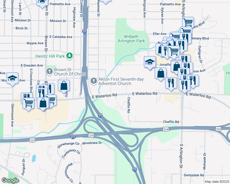 map of restaurants, bars, coffee shops, grocery stores, and more near 731 East Waterloo Road in Akron