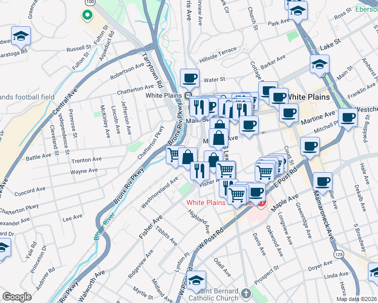 map of restaurants, bars, coffee shops, grocery stores, and more near 55 Bank Street in White Plains