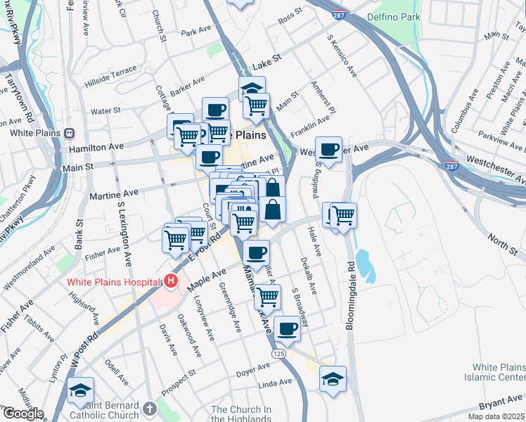 map of restaurants, bars, coffee shops, grocery stores, and more near 189 East Post Road in White Plains