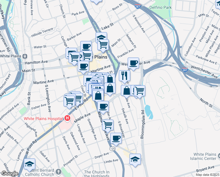 map of restaurants, bars, coffee shops, grocery stores, and more near 95 South Broadway in White Plains