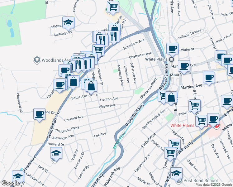 map of restaurants, bars, coffee shops, grocery stores, and more near 166 Battle Avenue in White Plains