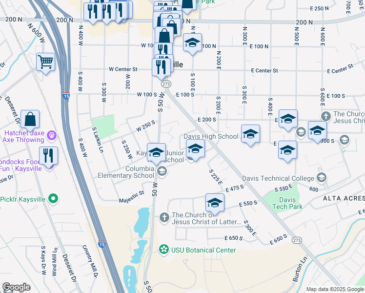map of restaurants, bars, coffee shops, grocery stores, and more near 32 Belmore Drive in Kaysville