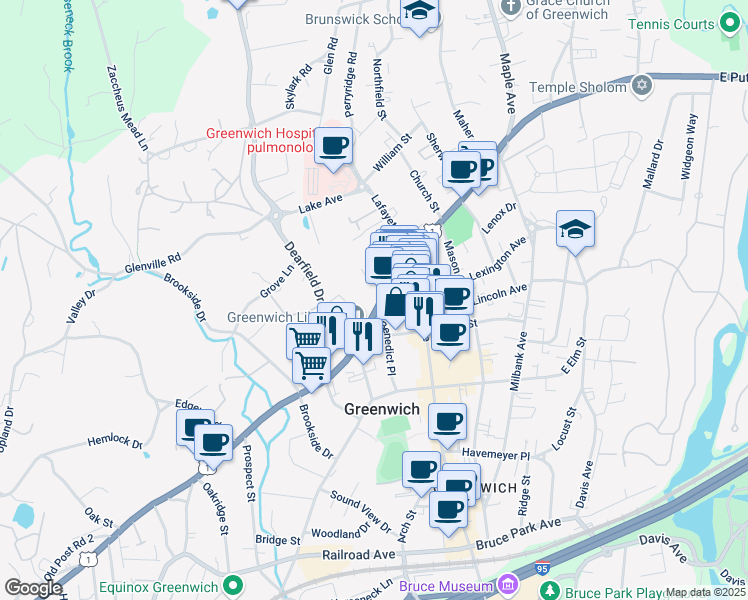map of restaurants, bars, coffee shops, grocery stores, and more near 49 West Putnam Avenue in Greenwich