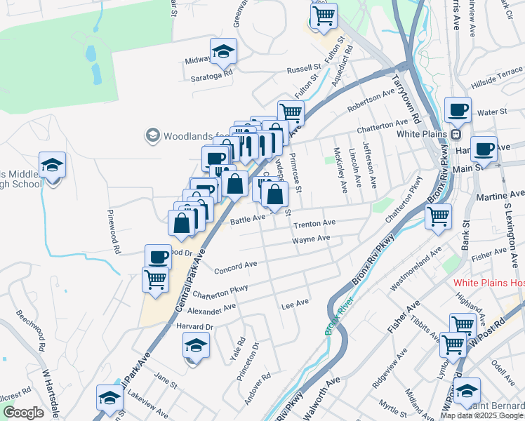 map of restaurants, bars, coffee shops, grocery stores, and more near 254 Battle Avenue in White Plains