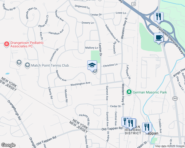 map of restaurants, bars, coffee shops, grocery stores, and more near 140 Lester Drive in Tappan