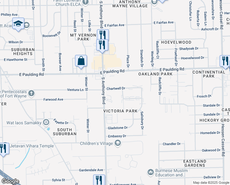 map of restaurants, bars, coffee shops, grocery stores, and more near 6001 South Anthony Boulevard in Fort Wayne