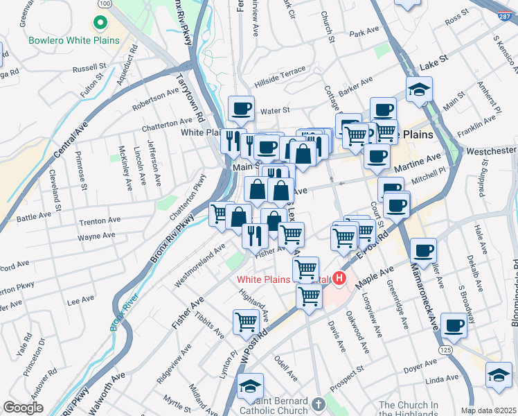 map of restaurants, bars, coffee shops, grocery stores, and more near 10 Bank Street in White Plains