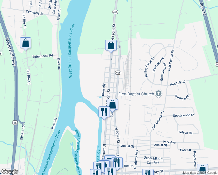 map of restaurants, bars, coffee shops, grocery stores, and more near 899 N Front St in Milton