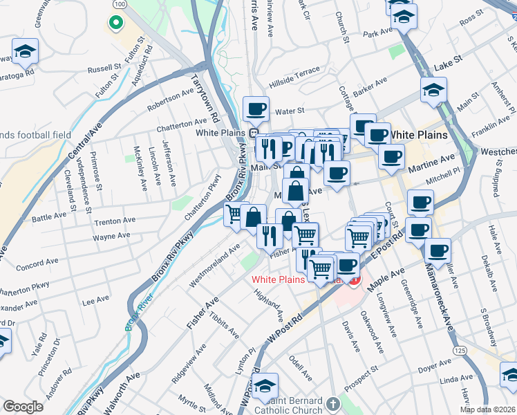map of restaurants, bars, coffee shops, grocery stores, and more near 55 Bank Street in White Plains