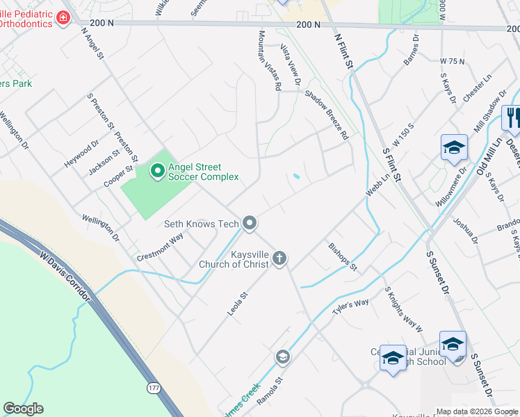map of restaurants, bars, coffee shops, grocery stores, and more near 216 Encore Circle in Kaysville