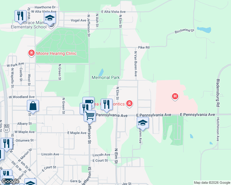 map of restaurants, bars, coffee shops, grocery stores, and more near 1405 North Elm Street in Ottumwa