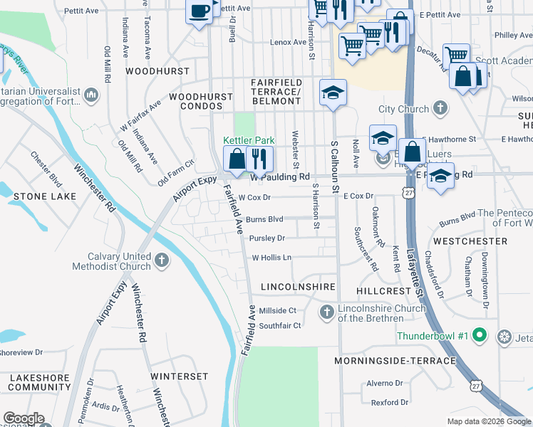 map of restaurants, bars, coffee shops, grocery stores, and more near 348 Burns Boulevard in Fort Wayne
