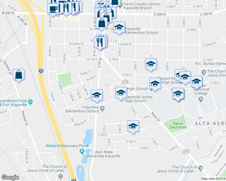 map of restaurants, bars, coffee shops, grocery stores, and more near 48 Belmore Drive in Kaysville