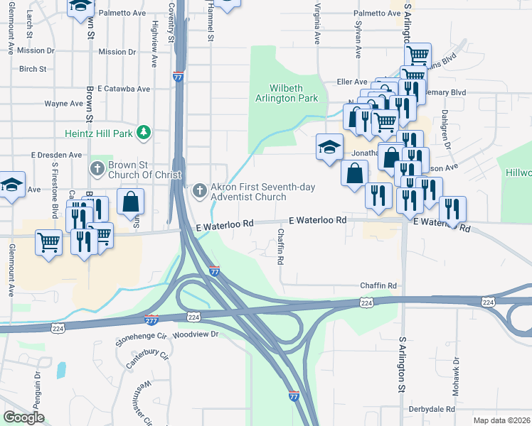 map of restaurants, bars, coffee shops, grocery stores, and more near 761 East Waterloo Road in Akron
