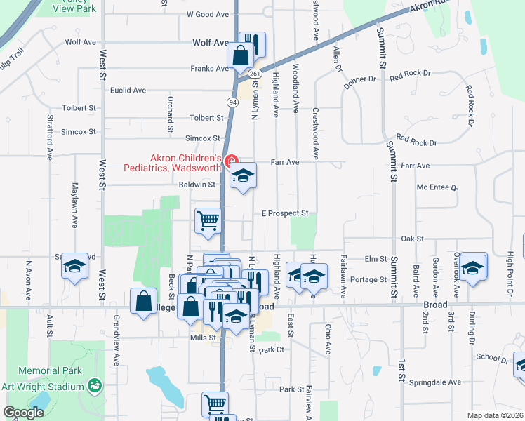 map of restaurants, bars, coffee shops, grocery stores, and more near 166 East Prospect Street in Wadsworth