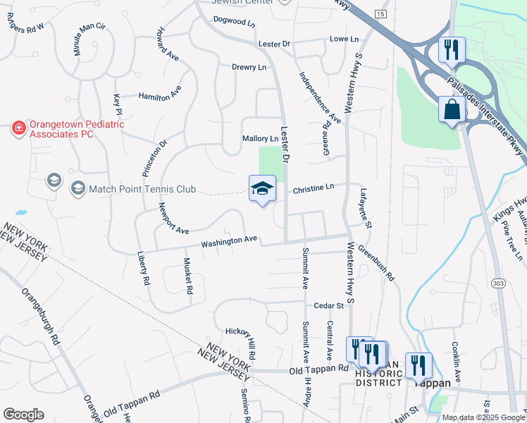 map of restaurants, bars, coffee shops, grocery stores, and more near 140 Lester Drive in Tappan
