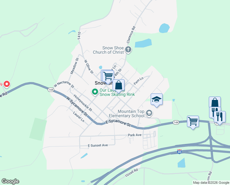 map of restaurants, bars, coffee shops, grocery stores, and more near 33 East Olive Street in Snow Shoe