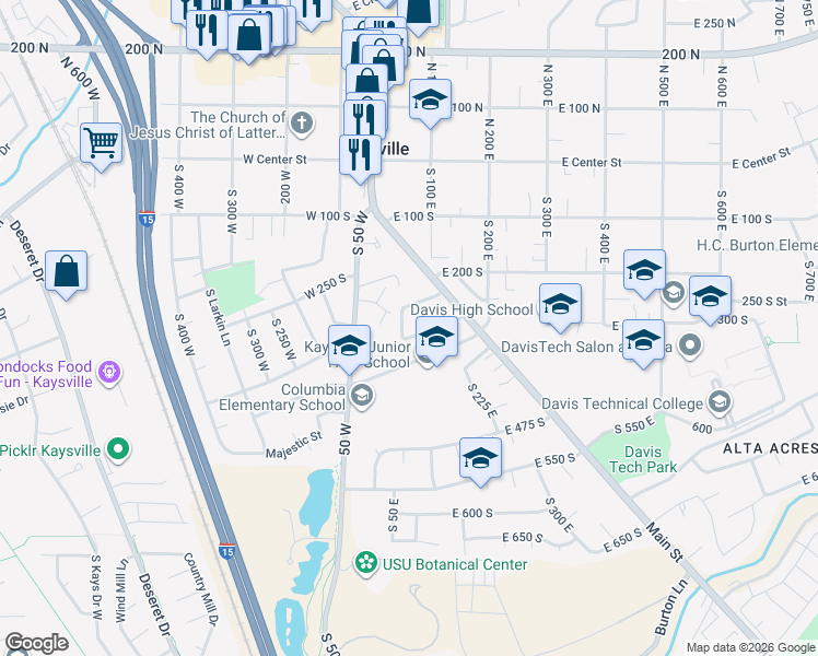 map of restaurants, bars, coffee shops, grocery stores, and more near 48 East 300 South in Kaysville