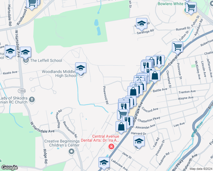 map of restaurants, bars, coffee shops, grocery stores, and more near 182 Pinewood Road in Hartsdale