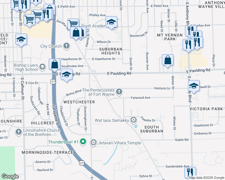 map of restaurants, bars, coffee shops, grocery stores, and more near 921 Farwood Avenue in Fort Wayne