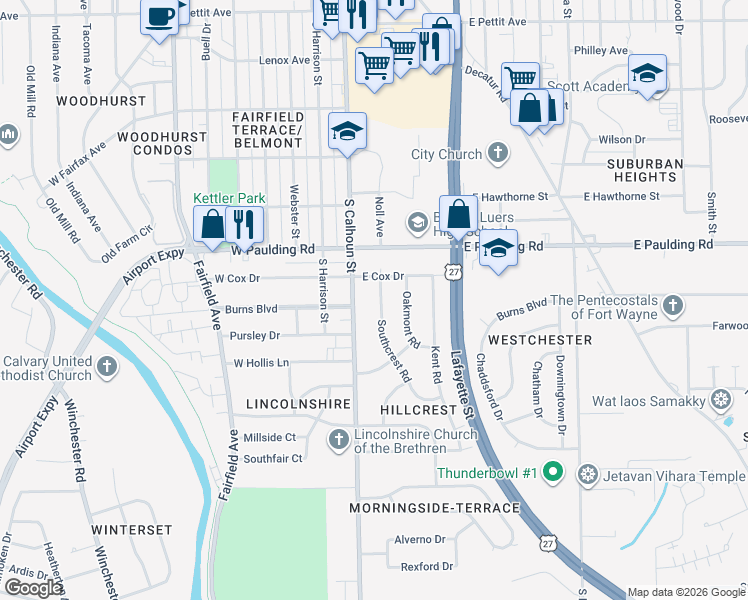 map of restaurants, bars, coffee shops, grocery stores, and more near 6010 Southcrest Road in Fort Wayne