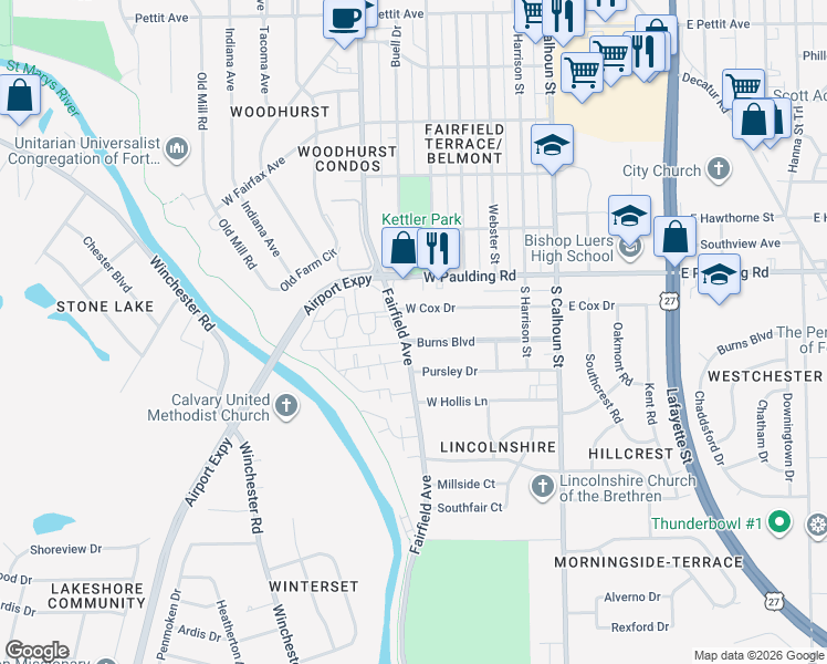 map of restaurants, bars, coffee shops, grocery stores, and more near 401 Burns Dr in Fort Wayne
