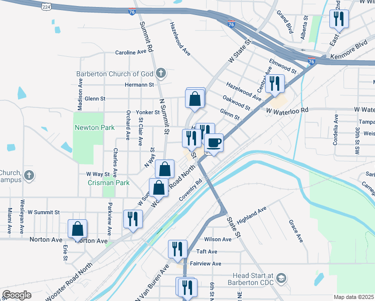 map of restaurants, bars, coffee shops, grocery stores, and more near 80 West State Street in Barberton
