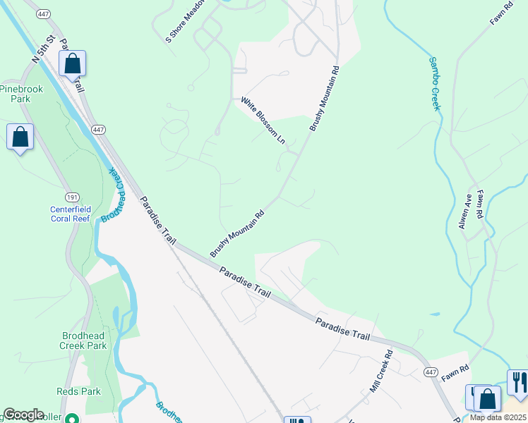map of restaurants, bars, coffee shops, grocery stores, and more near 60 Brushy Mountain Road in East Stroudsburg