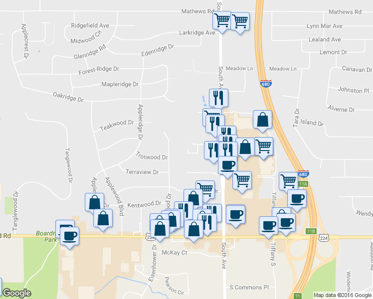 map of restaurants, bars, coffee shops, grocery stores, and more near 863 Cedar Way in Boardman