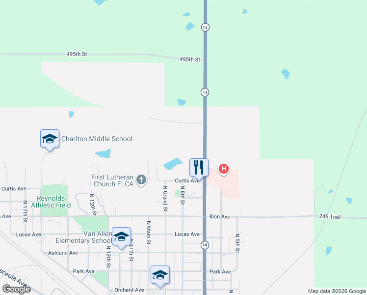 map of restaurants, bars, coffee shops, grocery stores, and more near 1301 North 7th Street in Chariton