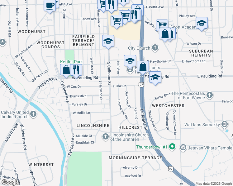 map of restaurants, bars, coffee shops, grocery stores, and more near 6010 Southcrest Road in Fort Wayne