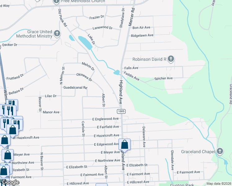 map of restaurants, bars, coffee shops, grocery stores, and more near 2712 Old Plank Road in New Castle