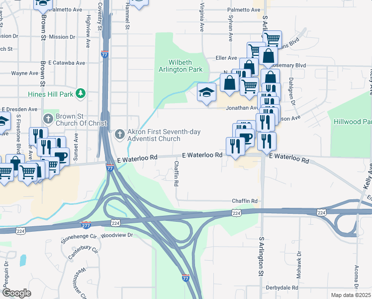 map of restaurants, bars, coffee shops, grocery stores, and more near 807 East Waterloo Road in Akron