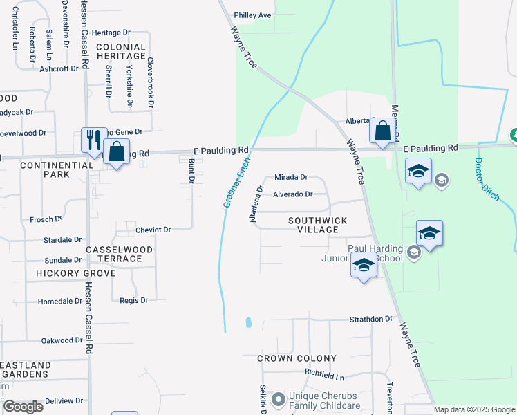 map of restaurants, bars, coffee shops, grocery stores, and more near 6119 Altadena Drive in Fort Wayne