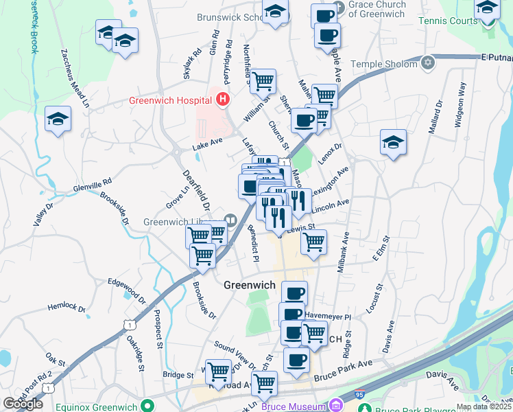 map of restaurants, bars, coffee shops, grocery stores, and more near 48 West Putnam Avenue in Greenwich