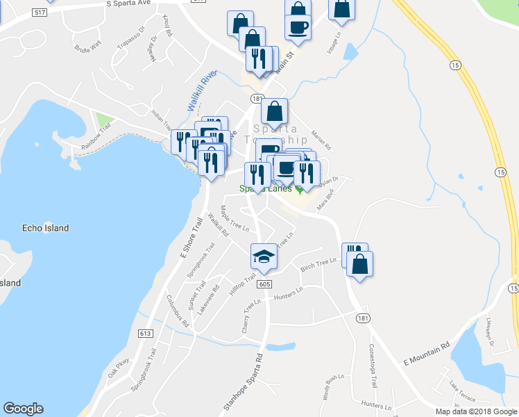map of restaurants, bars, coffee shops, grocery stores, and more near 12 Poplar Tree Lane in Sparta Township