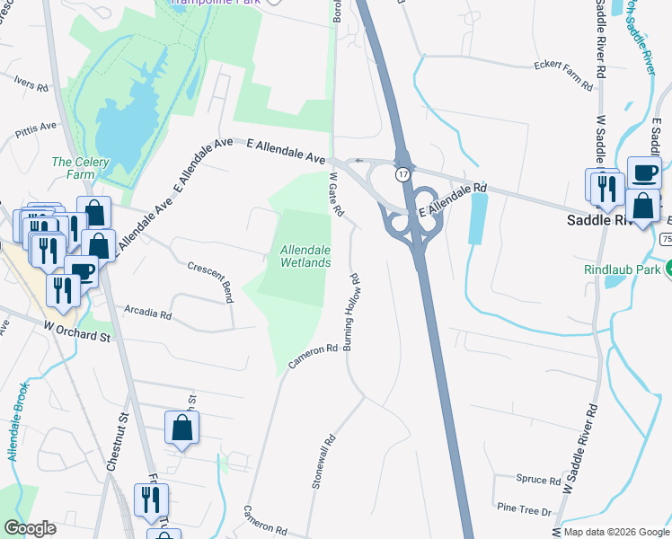 map of restaurants, bars, coffee shops, grocery stores, and more near 7 Burning Hollow Road in Saddle River
