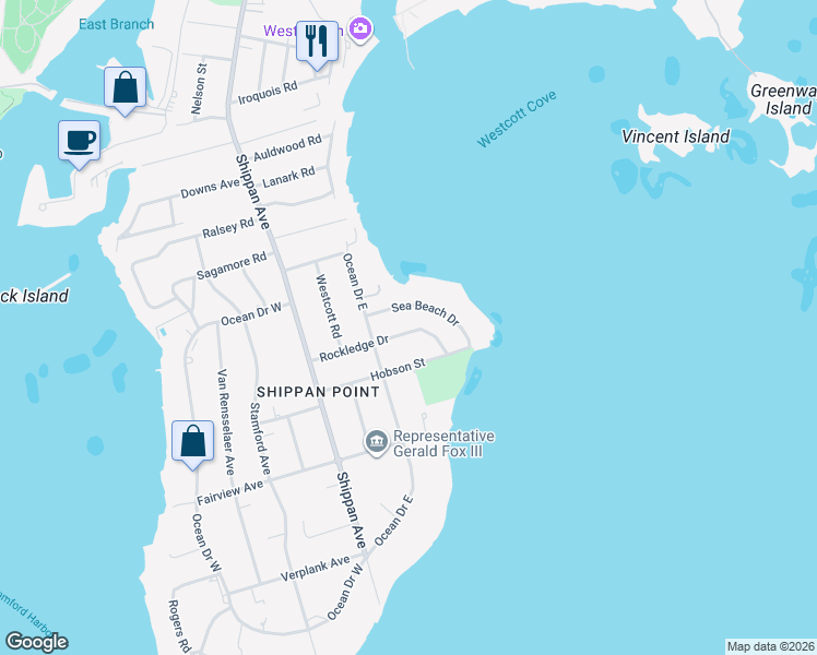 map of restaurants, bars, coffee shops, grocery stores, and more near 77 Rockledge Drive in Stamford