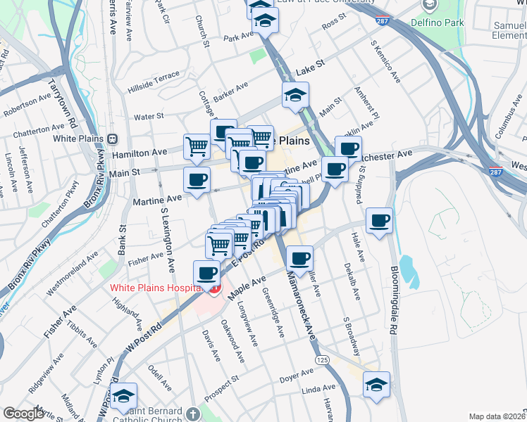 map of restaurants, bars, coffee shops, grocery stores, and more near 161 Mamaroneck Avenue in White Plains