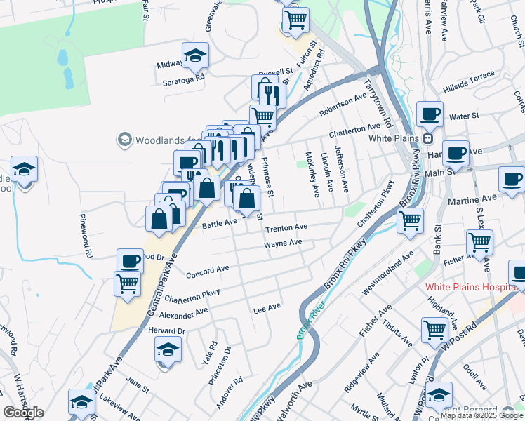 map of restaurants, bars, coffee shops, grocery stores, and more near 218 Battle Avenue in White Plains