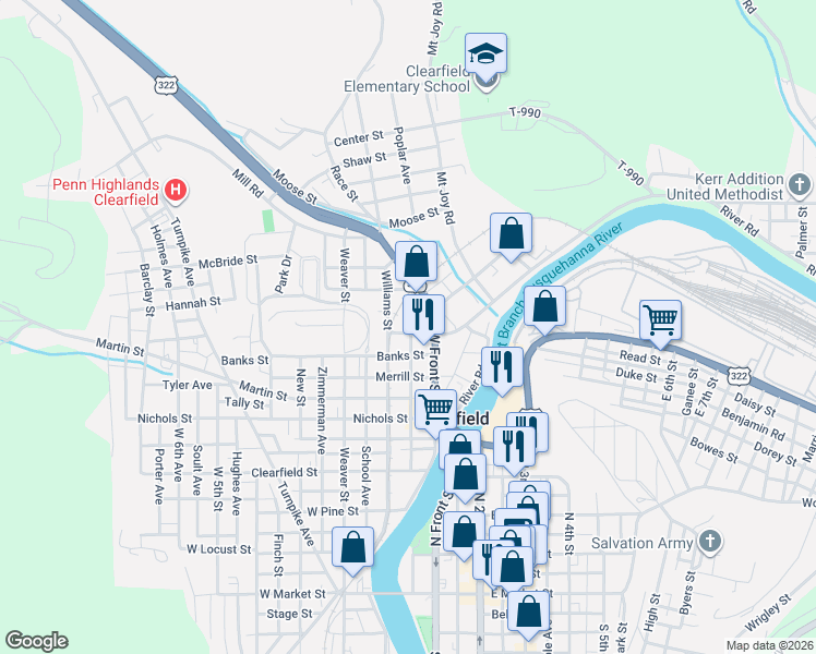 map of restaurants, bars, coffee shops, grocery stores, and more near 122 Fulton St in Clearfield