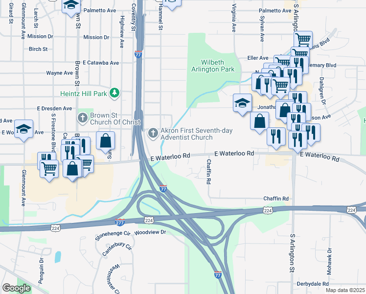 map of restaurants, bars, coffee shops, grocery stores, and more near 731 East Waterloo Road in Akron